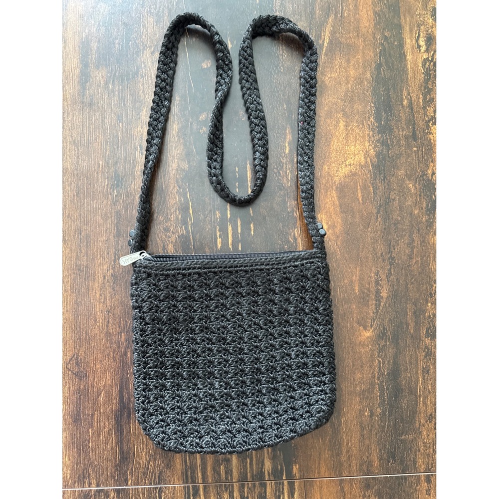 The Sak Black Crochet Crossbody Bag Zip Top Braided Strap Small Square Purse